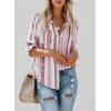imageAstylish Women V Neck Striped Roll up Sleeve Button Down Blouse TopsY Red