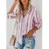 imageAstylish Women V Neck Striped Roll up Sleeve Button Down Blouse TopsY Red