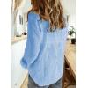 imageAstylish Womens V Neck Roll up Sleeve Button Down Blouses TopsB Sky Blue