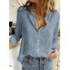 imageAstylish Womens V Neck Roll up Sleeve Button Down Blouses TopsU Blue