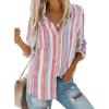 imageAstylish Women V Neck Striped Roll up Sleeve Button Down Blouse TopsY Apricot Pink