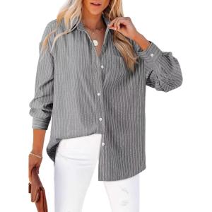imageAstylish Women Blouses Oversized Striped Shirt Long Sleeve V Neck Button Down Work TopsBlack Stripe