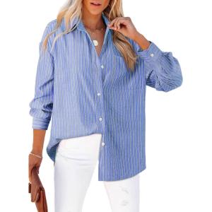 imageAstylish Women Blouses Oversized Striped Shirt Long Sleeve V Neck Button Down Work TopsBlue Stripe