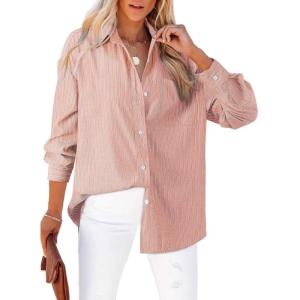 imageAstylish Women Blouses Oversized Striped Shirt Long Sleeve V Neck Button Down Work TopsKhaki Stripe