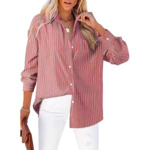 imageAstylish Women Blouses Oversized Striped Shirt Long Sleeve V Neck Button Down Work TopsPink Stripe