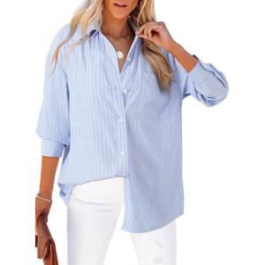 imageAstylish Women Blouses Oversized Striped Shirt Long Sleeve V Neck Button Down Work TopsSky Blue Stripe
