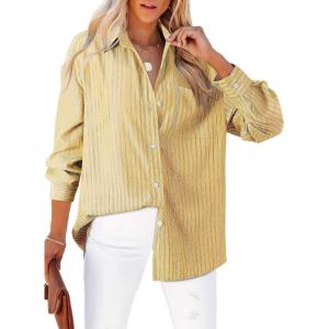 imageAstylish Women Blouses Oversized Striped Shirt Long Sleeve V Neck Button Down Work TopsYellow Stripe