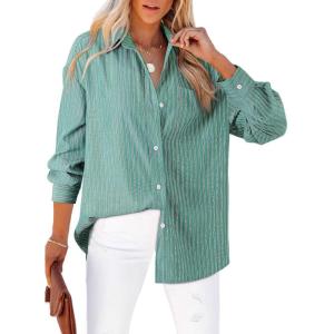 imageAstylish Women Blouses Oversized Striped Shirt Long Sleeve V Neck Button Down Work TopsZa Green