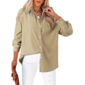 imageAstylish Women Blouses Oversized Striped Shirt Long Sleeve V Neck Button Down Work TopsZa Khaki