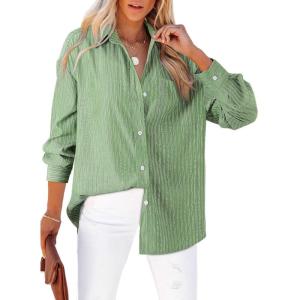 imageAstylish Women Blouses Oversized Striped Shirt Long Sleeve V Neck Button Down Work TopsZa Light Green