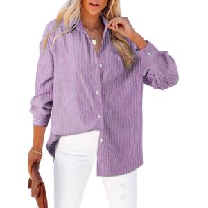 imageAstylish Women Blouses Oversized Striped Shirt Long Sleeve V Neck Button Down Work TopsZa Purple Stripe