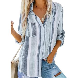 imageAstylish Women V Neck Striped Roll up Sleeve Button Down Blouse TopsH Gray