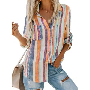 imageAstylish Women V Neck Striped Roll up Sleeve Button Down Blouse TopsMulticolor