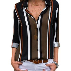 imageAstylish Women V Neck Striped Roll up Sleeve Button Down Blouse TopsP Black