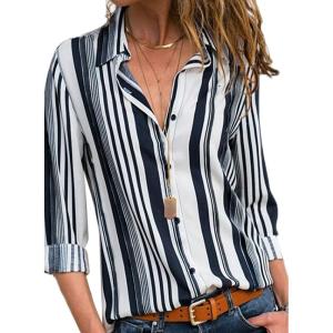 imageAstylish Women V Neck Striped Roll up Sleeve Button Down Blouse TopsP White