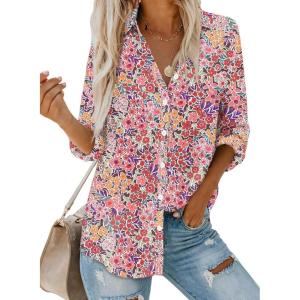 imageAstylish Women V Neck Striped Roll up Sleeve Button Down Blouse TopsW Pink Print