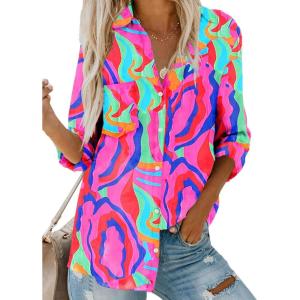 imageAstylish Women V Neck Striped Roll up Sleeve Button Down Blouse TopsW Rose