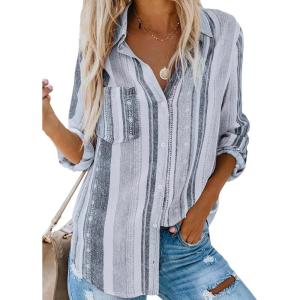 imageAstylish Women V Neck Striped Roll up Sleeve Button Down Blouse TopsY Black