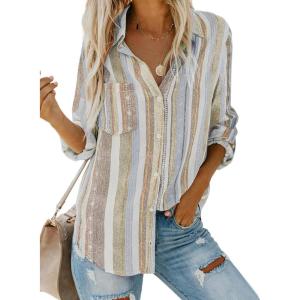 imageAstylish Women V Neck Striped Roll up Sleeve Button Down Blouse TopsY Brown