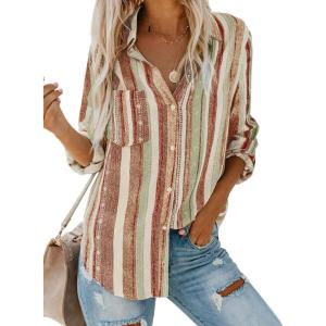 imageAstylish Women V Neck Striped Roll up Sleeve Button Down Blouse TopsY Brown Green