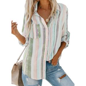 imageAstylish Women V Neck Striped Roll up Sleeve Button Down Blouse TopsY Green
