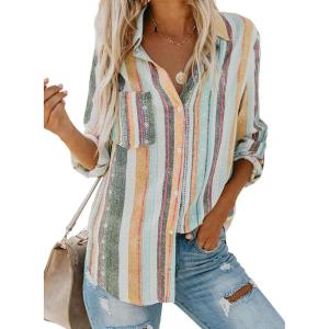 imageAstylish Women V Neck Striped Roll up Sleeve Button Down Blouse TopsY Multicolor