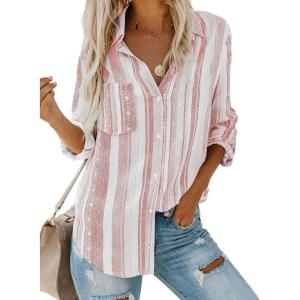 imageAstylish Women V Neck Striped Roll up Sleeve Button Down Blouse TopsY Pink