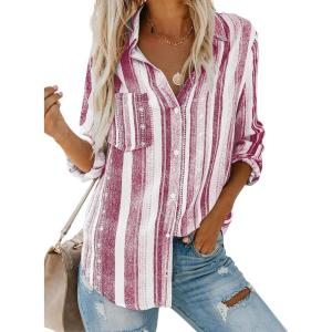 imageAstylish Women V Neck Striped Roll up Sleeve Button Down Blouse TopsY Red