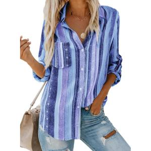 imageAstylish Women V Neck Striped Roll up Sleeve Button Down Blouse TopsY Royal Blue