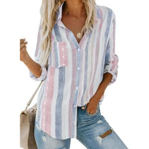 imageAstylish Women V Neck Striped Roll up Sleeve Button Down Blouse TopsY Sky Blue