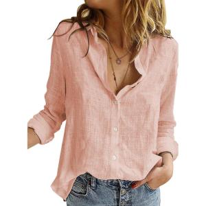 imageAstylish Womens V Neck Roll up Sleeve Button Down Blouses TopsPink