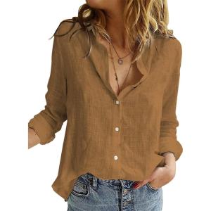 imageAstylish Womens V Neck Roll up Sleeve Button Down Blouses TopsU Brown