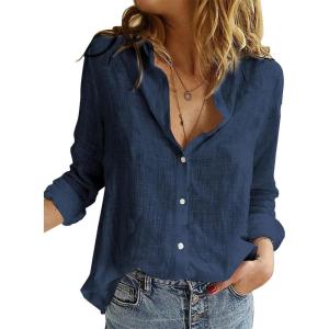 imageAstylish Womens V Neck Roll up Sleeve Button Down Blouses TopsU Deep Blue