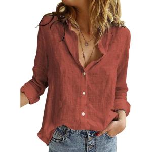 imageAstylish Womens V Neck Roll up Sleeve Button Down Blouses TopsU Orange Red