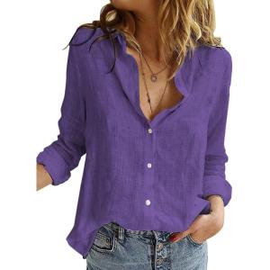 imageAstylish Womens V Neck Roll up Sleeve Button Down Blouses TopsU Purple