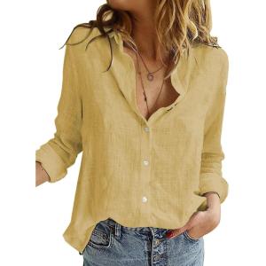 imageAstylish Womens V Neck Roll up Sleeve Button Down Blouses TopsU Yellow