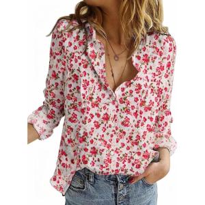 imageAstylish Womens V Neck Roll up Sleeve Button Down Blouses TopsUa Floral Red