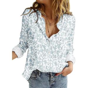 imageAstylish Womens V Neck Roll up Sleeve Button Down Blouses TopsUa Floral Sky Blue