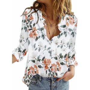 imageAstylish Womens V Neck Roll up Sleeve Button Down Blouses TopsUa Floral White