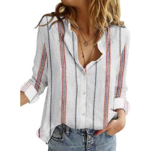 imageAstylish Womens V Neck Roll up Sleeve Button Down Blouses TopsUa Stripe