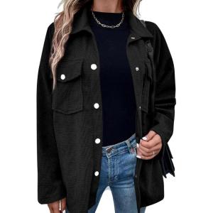imageAstylish Womens Waffle Knit Long Shacket Jacket Oversized Casual Blouses Button Down Collared Dressy ShirtsBlack
