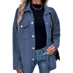 imageAstylish Womens Waffle Knit Long Shacket Jacket Oversized Casual Blouses Button Down Collared Dressy ShirtsBlue
