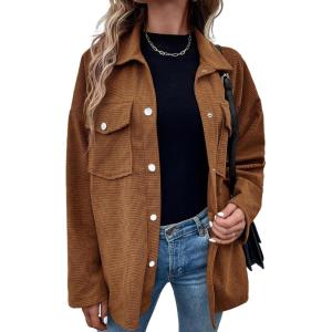 imageAstylish Womens Waffle Knit Long Shacket Jacket Oversized Casual Blouses Button Down Collared Dressy ShirtsBrown