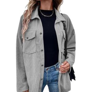 imageAstylish Womens Waffle Knit Long Shacket Jacket Oversized Casual Blouses Button Down Collared Dressy ShirtsGray