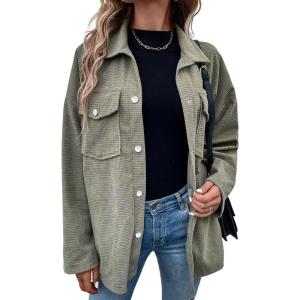 imageAstylish Womens Waffle Knit Long Shacket Jacket Oversized Casual Blouses Button Down Collared Dressy ShirtsGreen