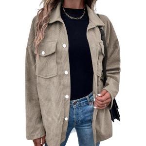 imageAstylish Womens Waffle Knit Long Shacket Jacket Oversized Casual Blouses Button Down Collared Dressy ShirtsKhaki