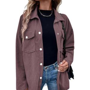 imageAstylish Womens Waffle Knit Long Shacket Jacket Oversized Casual Blouses Button Down Collared Dressy ShirtsPink