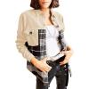 imageAstylish Women 2024 Fashion Long Sleeve Shacket Jacket Button Down Plaid Shirts with PocketsBeige