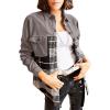 imageAstylish Women 2024 Fashion Long Sleeve Shacket Jacket Button Down Plaid Shirts with PocketsGray
