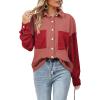 imageAstylish Womens 2024 Corduroy Shacket Color Block Waffle Jackets Casual Long Sleeve Button Down Shirts CoatFiery Red
